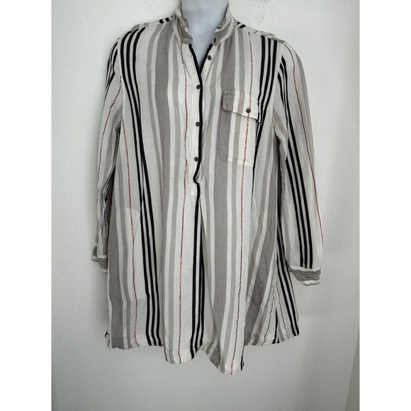 Lou & Grey Linen Shirt Dress Large Button Lagenlook Long  Sleeve Tan Striped - Picture 1 of 10